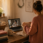 Body Doubling bei ADHS. Eine Frau faltet Wäsche neben einem Laptop, auf dem eine andere Person konzentriert arbeitet. Beide erledigen unabhängig voneinander ihre eigene Aufgabe in einer ruhigen Umgebung.