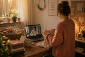 Body Doubling bei ADHS. Eine Frau faltet Wäsche neben einem Laptop, auf dem eine andere Person konzentriert arbeitet. Beide erledigen unabhängig voneinander ihre eigene Aufgabe in einer ruhigen Umgebung.
