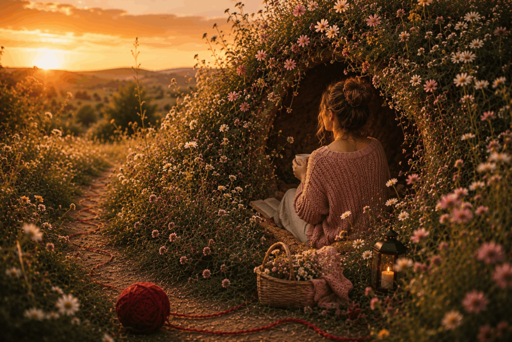 Frau sitzt bei Sonnenuntergang in einer Blumenwiese mit rotem Wollfaden und blickt nachdenklich in die Ferne. Das Bild symbolisiert den Alltag mit ADHS und den inneren Weg zwischen Druck, Ordnung und Selbstverständnis.