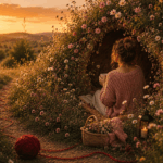 Frau sitzt bei Sonnenuntergang in einer Blumenwiese mit rotem Wollfaden und blickt nachdenklich in die Ferne. Das Bild symbolisiert den Alltag mit ADHS und den inneren Weg zwischen Druck, Ordnung und Selbstverständnis.