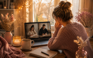 Frau sitzt nachdenklich vor einem Laptop mit einer Body Doubling Session und erkennt, warum fremde Menschen bei ADHS manchmal einfacher als vertraute Personen sein können.