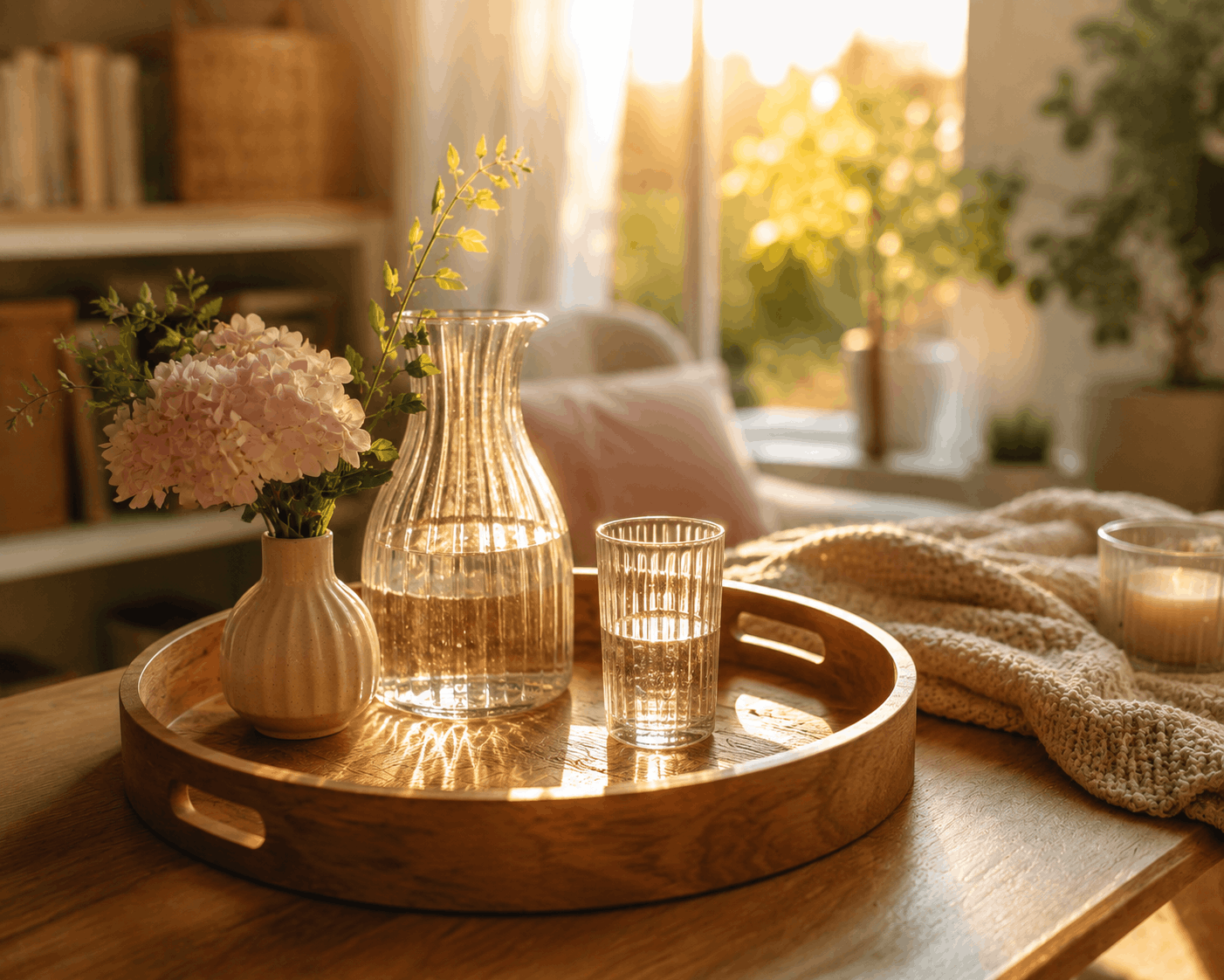 Holztablett mit Wasserkaraffe, Glas und Blumen im warmen Licht als Symbol für sichtbare und einfache Routinen im ADHS-Alltag.