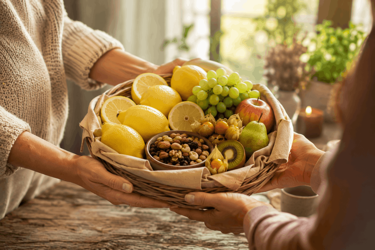 Eine Frau überreicht einen liebevoll gefüllten Korb mit Zitronen, Obst, Physalis und Studentenfutter als Zeichen von Fürsorge und Unterstützung.